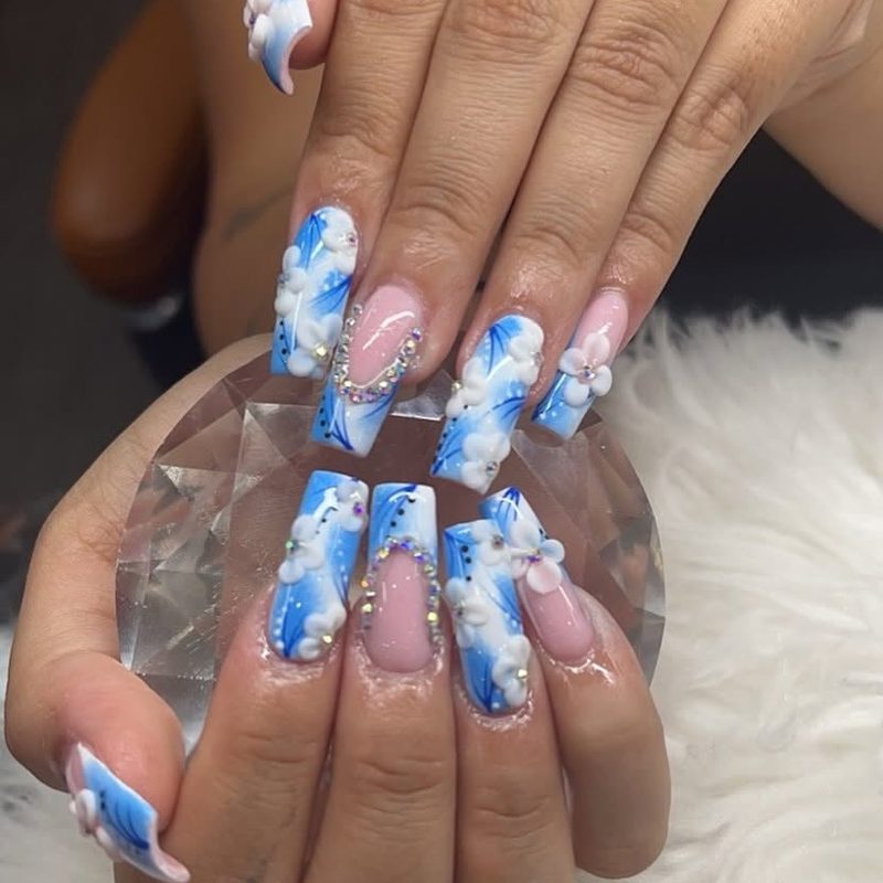 Blue and white 3D floral coffin nails